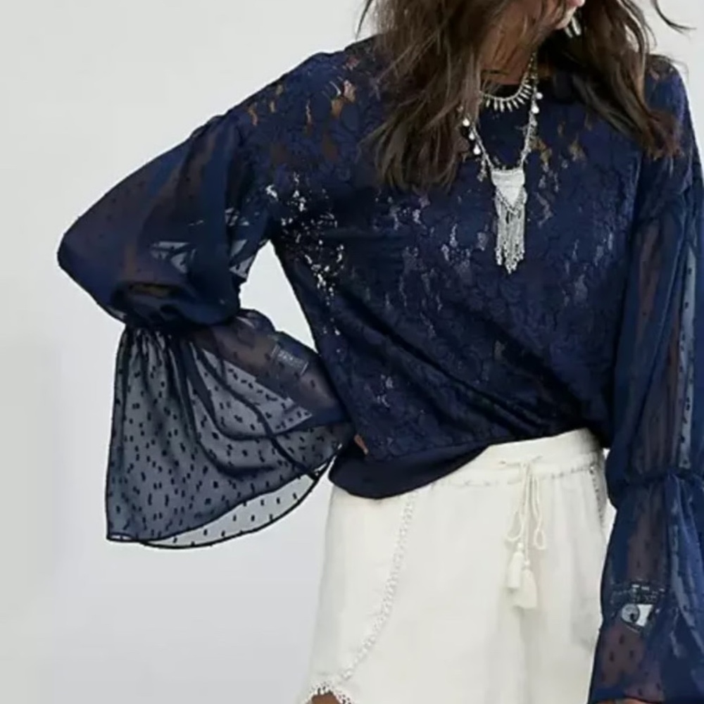 Free People Something Like Love Navy Lace Bell Sleeve Top XS